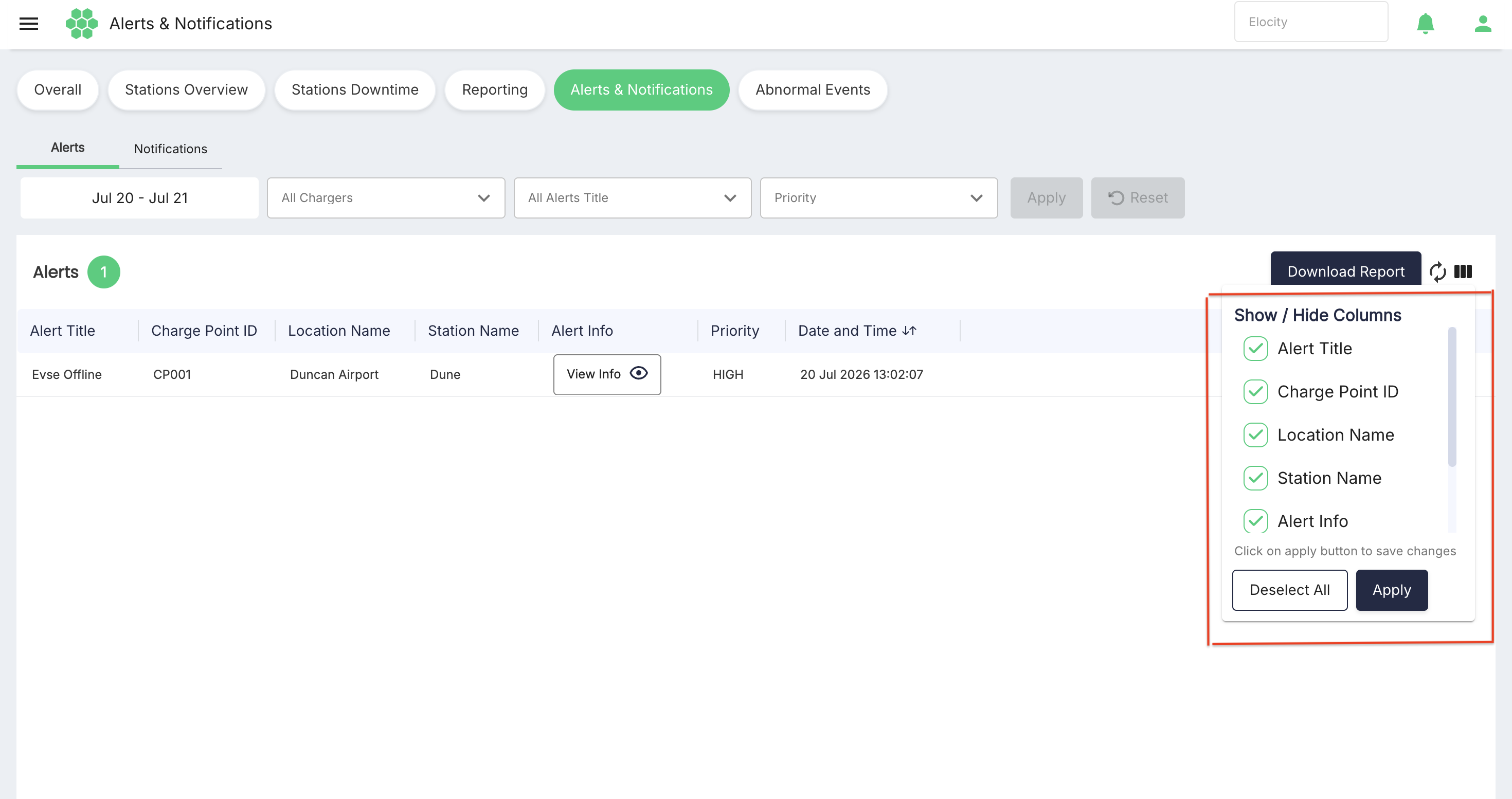 Alerts Column Filter