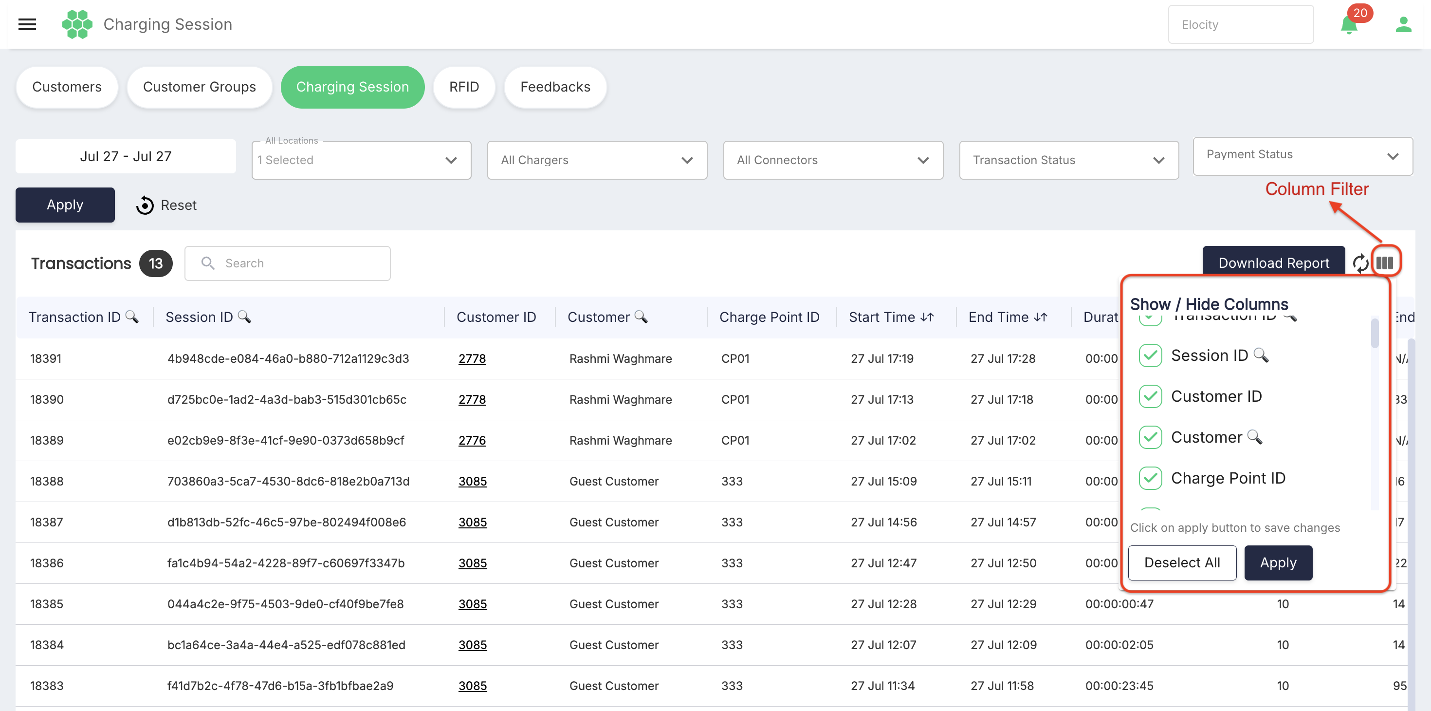 ChargingSession Column Filter
