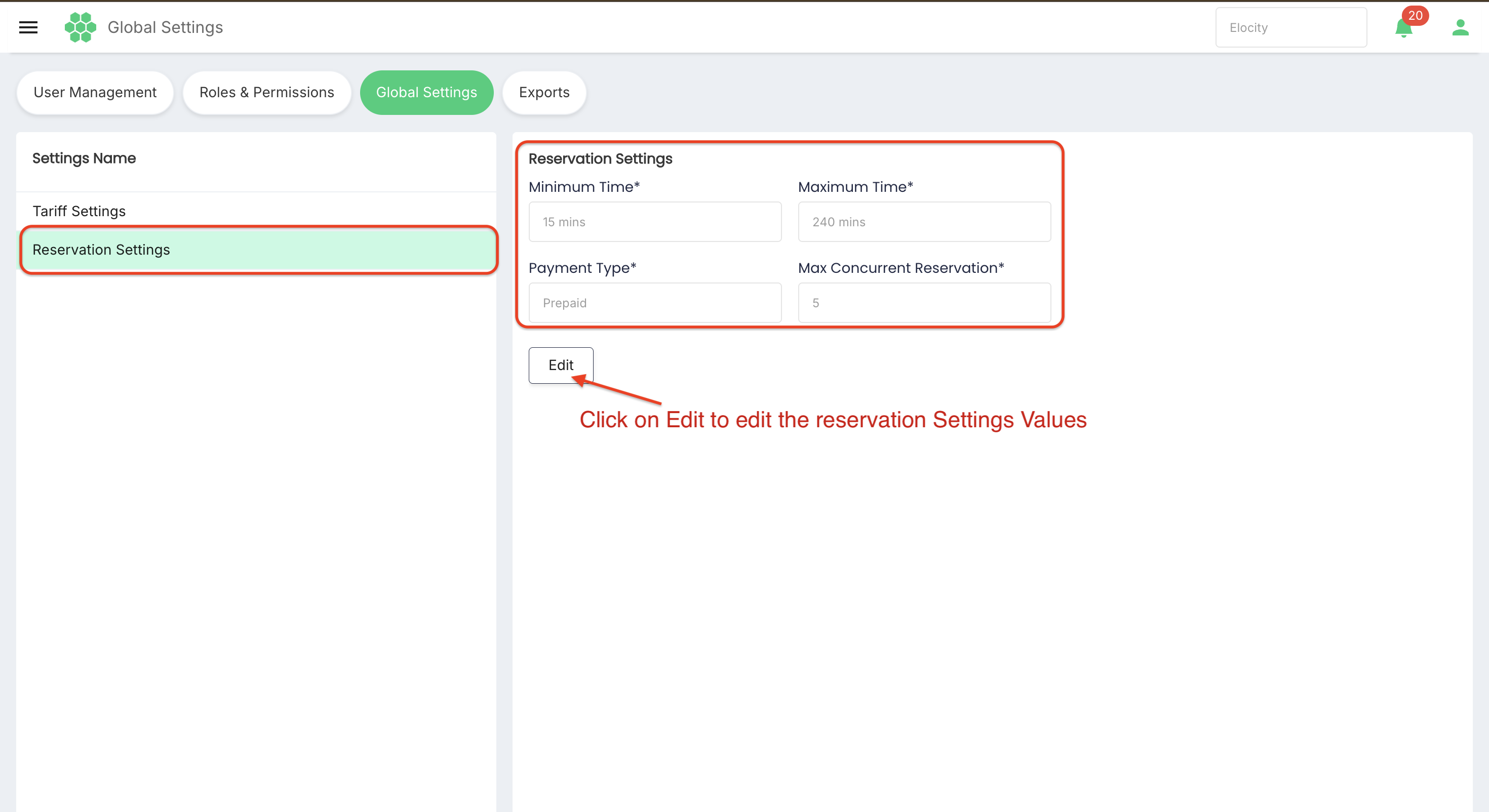 Edit Reservation Settings