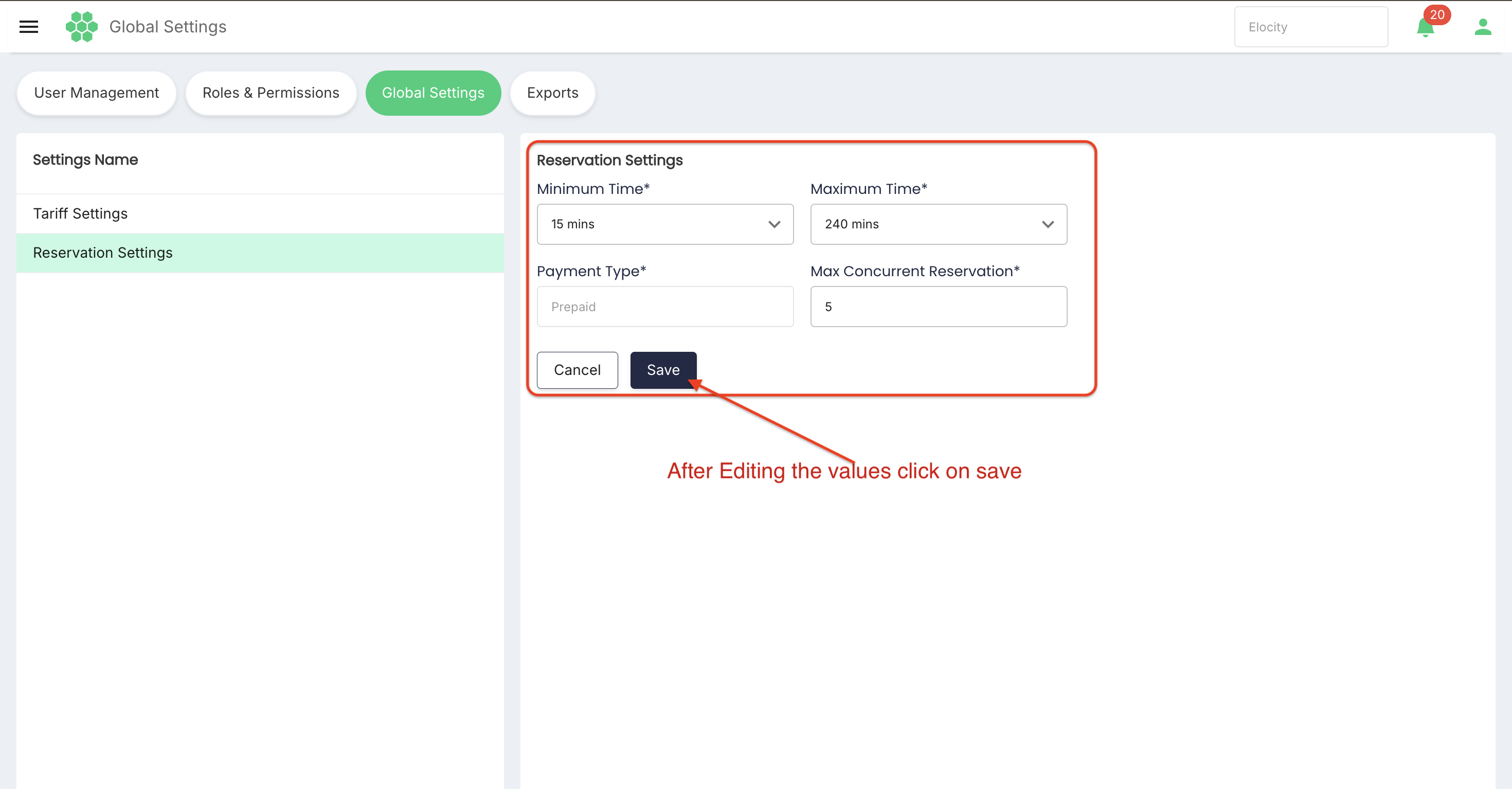 Edit Reservation Settings