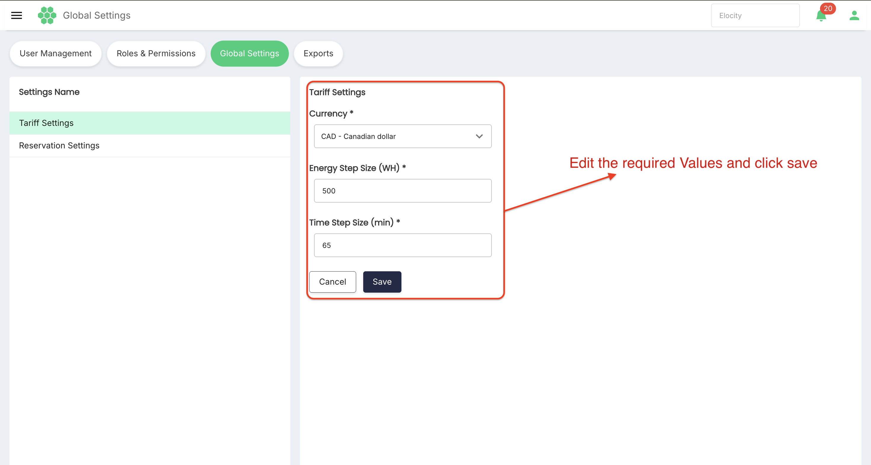 Edit Tariff Settings