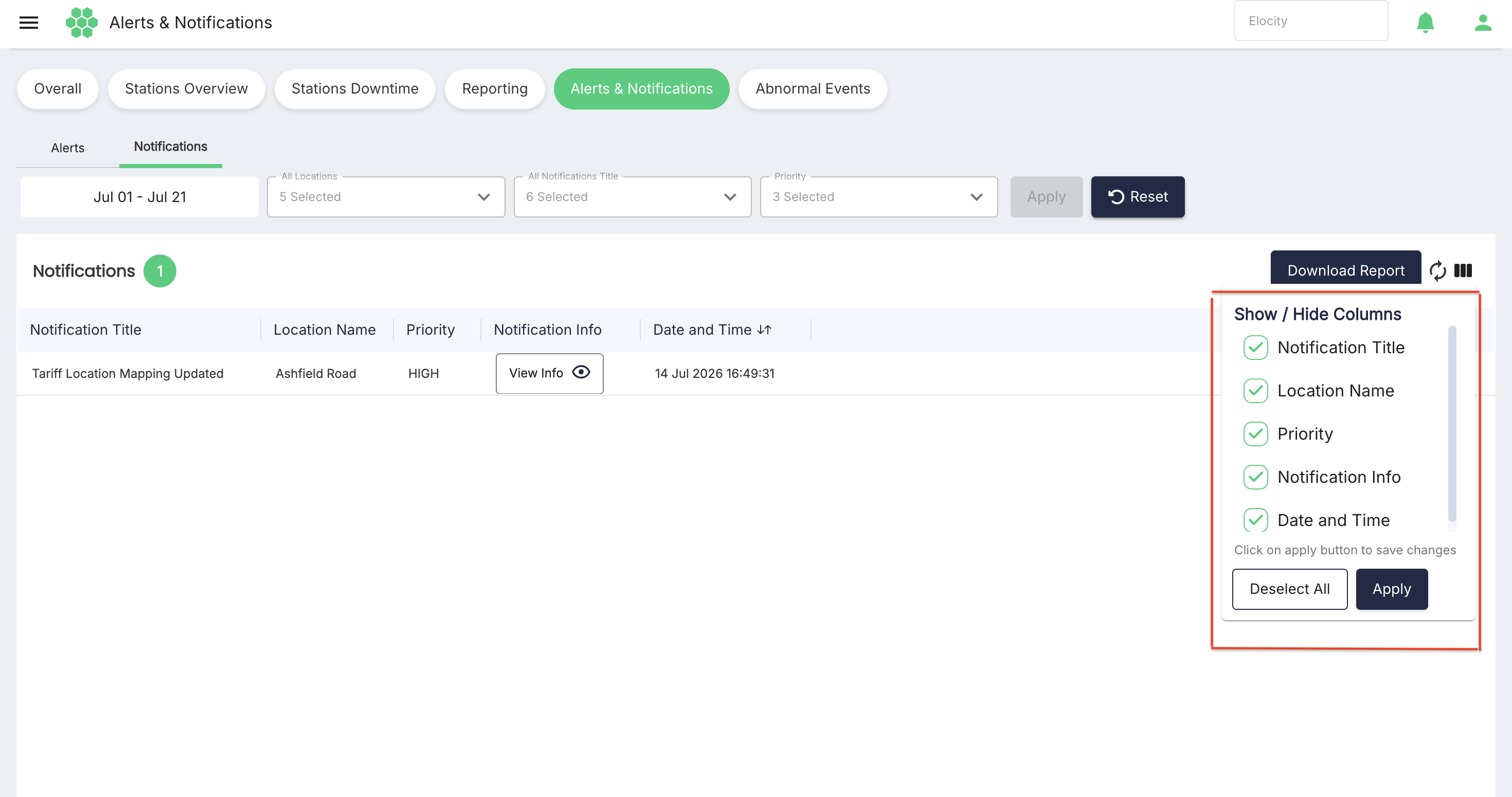 Notification Column Filter