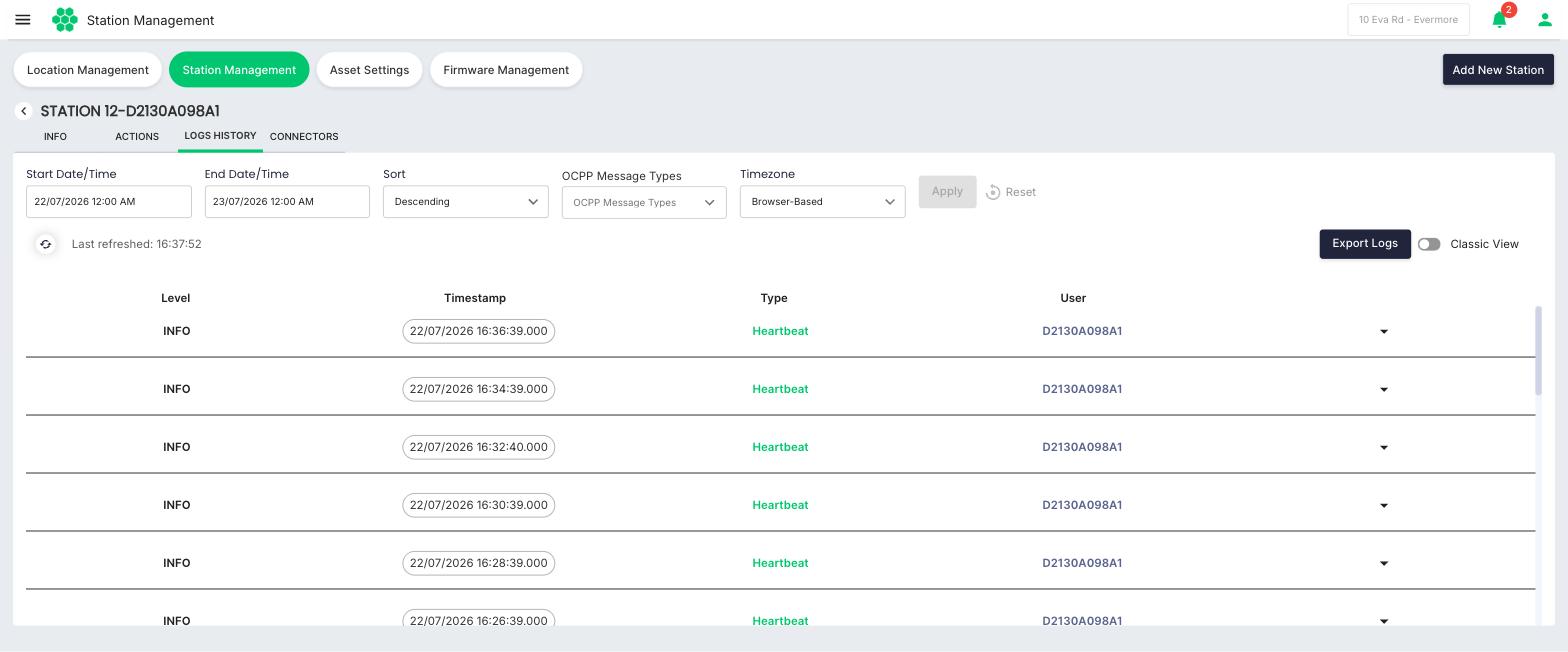 Station Details — LOGS HISTORY tab